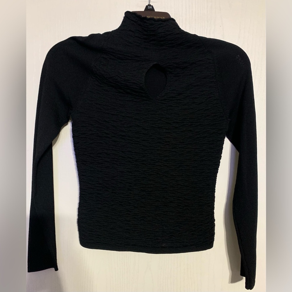 Anthropologie Shu Shu Black Textured Long Sleeve Mock Neck Top with Keyhole